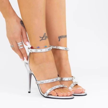 Sandale Dama cu Toc subtire ES2401 Argintiu » MeiShop.Ro