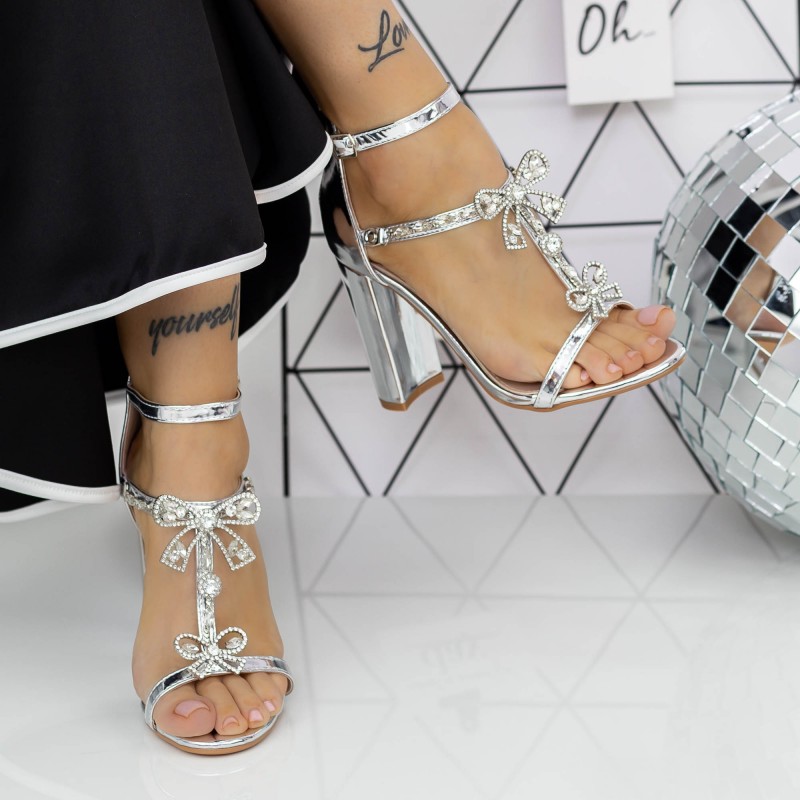 Sandale Dama cu Toc gros 2XKK221 Argintiu » MeiShop.Ro