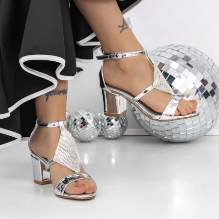 Sandale Dama cu Toc Gros 3XKK105 Argintiu » MeiShop.Ro