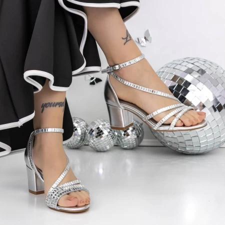 Sandale Dama cu Toc Gros 3XKK153 Argintiu » MeiShop.Ro