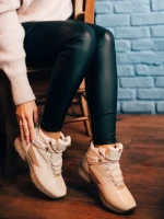 Ghete dama bej din piele ecologica si material textil Paityn