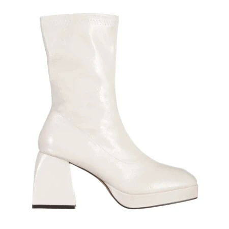 Botine dama bej din piele ecologica lacuita cu toc Leora