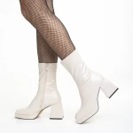 Botine dama bej din piele ecologica lacuita cu toc Leora