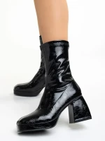 Botine dama negre din piele ecologica lacuita cu toc Leora