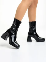 Botine dama negre din piele ecologica lacuita cu toc Leora