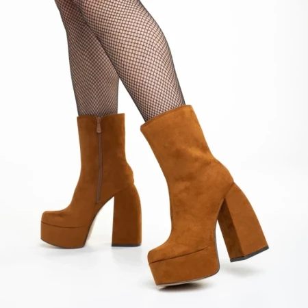 Botine dama camel din material textil cu toc Edie