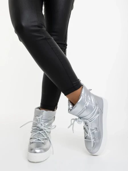 Cizme dama argintii din piele ecologica lacuita si material sintetic Galena