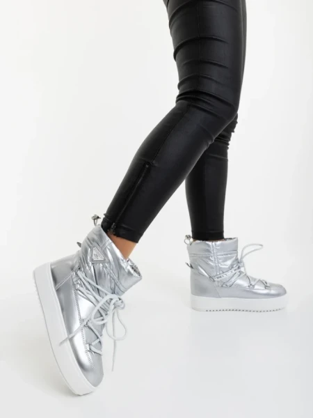 Cizme dama argintii din piele ecologica lacuita si material sintetic Galena