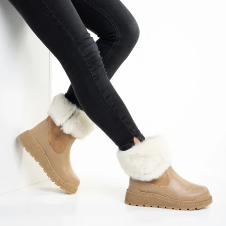 Cizme dama bej inchis din piele ecologica si material textil Aubrielle