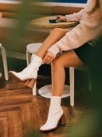 Botine dama cu toc albe din piele ecologica Santana