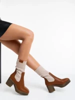 Ghete dama camel din piele ecologica si material textil Fizza