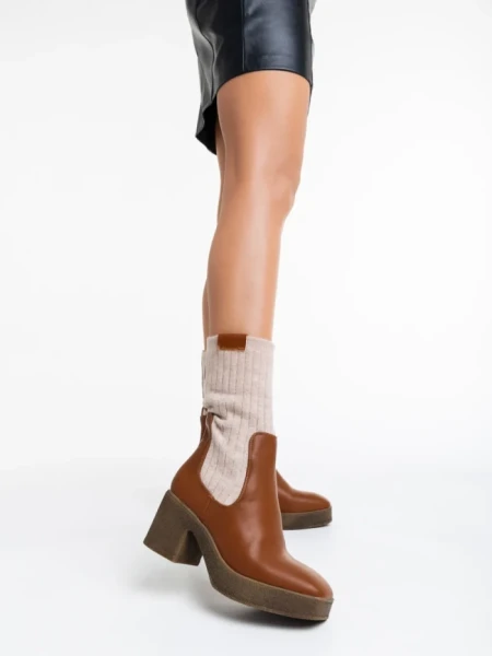 Ghete dama camel din piele ecologica si material textil Fizza