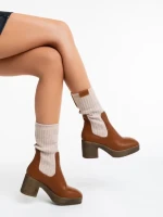 Ghete dama camel din piele ecologica si material textil Fizza