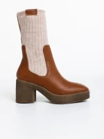 Ghete dama camel din piele ecologica si material textil Fizza