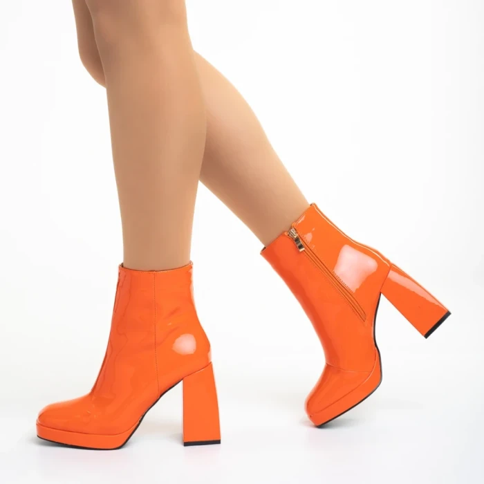 Botine dama portocalii din piele ecologica lacuita Rosalita