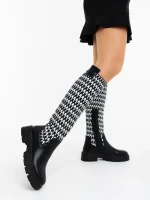 Cizme dama negre cu alb din piele ecologica si material textil Migdalia