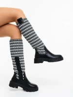 Cizme dama negre cu alb din piele ecologica si material textil Migdalia