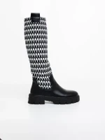 Cizme dama negre cu alb din piele ecologica si material textil Migdalia