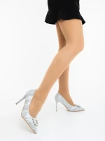 Pantofi dama cu toc argintii din material textil Severa