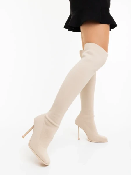 Cizme dama cu toc bej din material textil  Santera