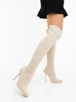 Cizme dama cu toc bej din material textil  Santera