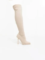 Cizme dama cu toc bej din material textil  Santera