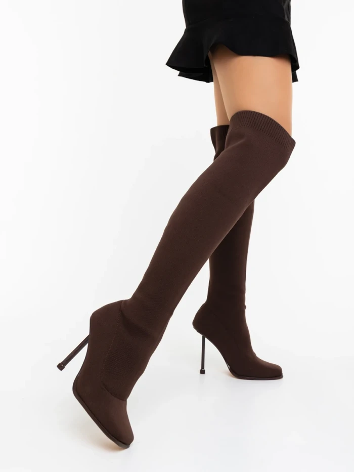 Cizme dama cu toc maro din material textil  Santera