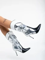 Cizme dama argintiii din piele ecologica Diamontina