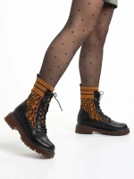 Ghete dama camel din piele ecologica si material textil Renada