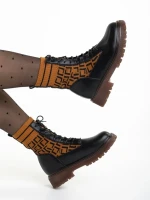 Ghete dama camel din piele ecologica si material textil Renada