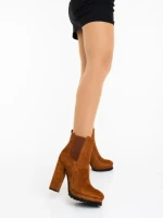 Botine dama cu toc maro din material textil Themara