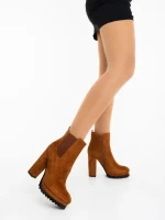 Botine dama cu toc maro din material textil Themara