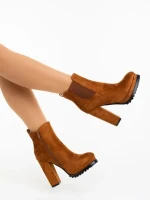 Botine dama cu toc maro din material textil Themara