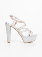 Sandale dama cu toc argintii din material textil Decera