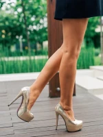 Pantofi dama aurii cu toc din piele ecologica lacuita Evanthia