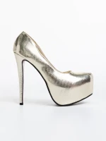 Pantofi dama aurii cu toc din piele ecologica lacuita Evanthia