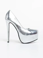 Pantofi dama argintii cu toc din piele ecologica lacuita Evanthia