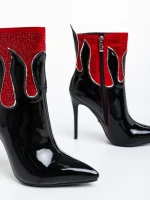 Botine dama negre cu rosi din piele ecologica lacuita Kristena