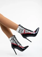 Botine dama negre cu alb din piele ecologica lacuita Ziska