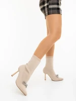 Botine dama cu toc bej din material textil Zemira