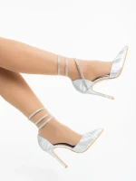 Pantofi dama cu toc argintii din material textil Radica