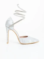 Pantofi dama cu toc argintii din material textil Radica