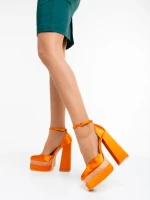 Pantofi dama portocalii cu toc din material textil Darya