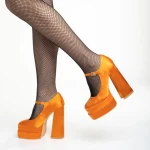 Pantofi dama portoocalii din material textil cu toc Caira