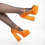 Pantofi dama portoocalii din material textil cu toc Caira