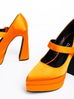 Pantofi dama portocalii cu toc din material textil Regena