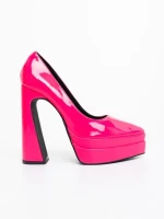 Pantofi dama cu toc roz din piele ecologica lacuita Dazani