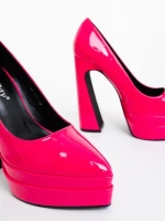 Pantofi dama cu toc roz din piele ecologica lacuita Dazani