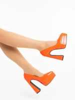 Pantofi dama cu toc portocalii din piele ecologica lacuita Dazani