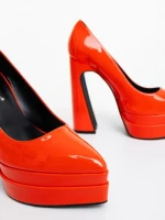 Pantofi dama cu toc portocalii din piele ecologica lacuita Dazani